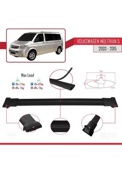 Volkswagen Multivan (T5) 2003-2015 Arası ile Uyumlu Fly Model Ara Atkı Tavan Barı Siyah 4 Adet Bar