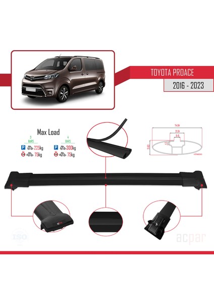 Toyota Proace 2016 ve Sonrası ile Uyumlu Fly Model Ara Atkı Tavan Barı Siyah 4 Adet Bar modelleri