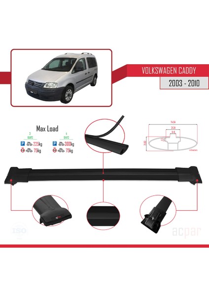 Volkswagen Caddy 2003-2010 Arası ile Uyumlu Fly Model Ara Atkı Tavan Barı Siyah 4 Adet Bar