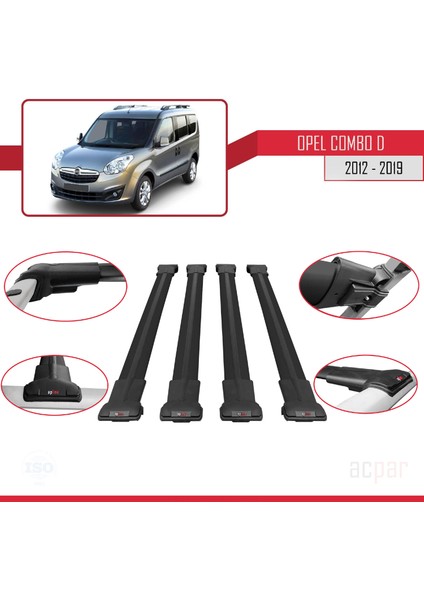Opel Combo (D) 2012-2018 Arası ile Uyumlu Fly Model Ara Atkı Tavan Barı Siyah 4 Adet Bar