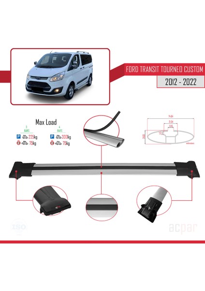 Ford Transit Tourneo - Custom 2007-2017 Arası ile Uyumlu Fly Model Ara Atkı Tavan Barı Gri 4 Adet Bar modelleri