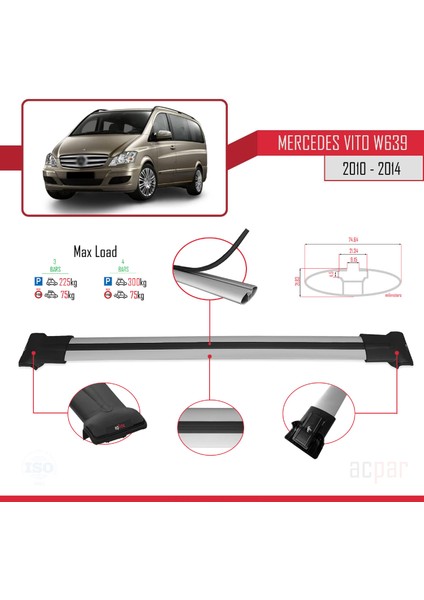 Mercedes Vito (W639) 2010-2014 Arası ile Uyumlu Fly Model Ara Atkı Tavan Barı Gri 4 Adet Bar modelleri