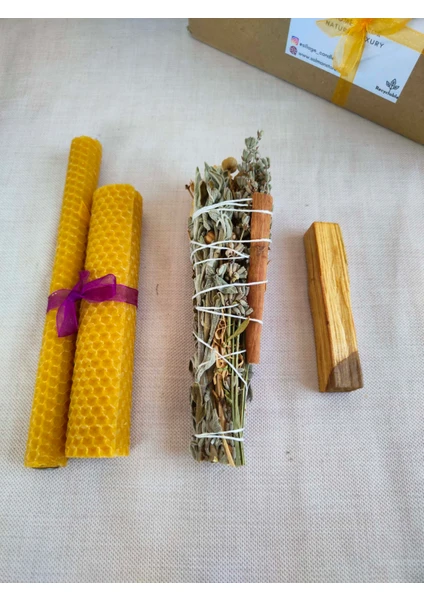 Doğal Bal Mumu Adaçayı Lavanta Üzerlik Otu ve Palo Santo Ağaç 4 Lü Tütsü Set Meditasyon Seti