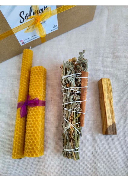 Doğal Bal Mumu Adaçayı Lavanta Üzerlik Otu ve Palo Santo Ağaç 4 Lü Tütsü Set Meditasyon Seti