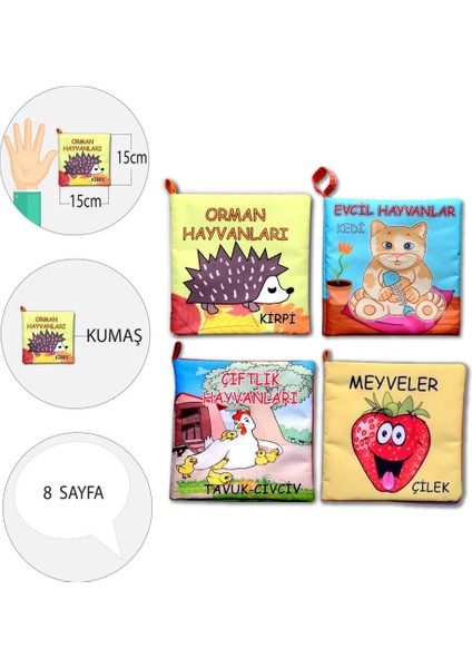 Alithestereo LISINYA247 4 Kitap Meyveler , Çiftlik , Orman ve Evcil Hayvanlar Kumaş Sessiz Kitap Alithestereo