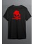 Kurukafa Baskılı Pamuklu Likralı T-Shirt (Kırmızı Desenli Siyah 1