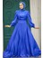 Tesettürlü Abiye Elbise - Drape Detaylı Sax Mavisi Saten 40621SX 1