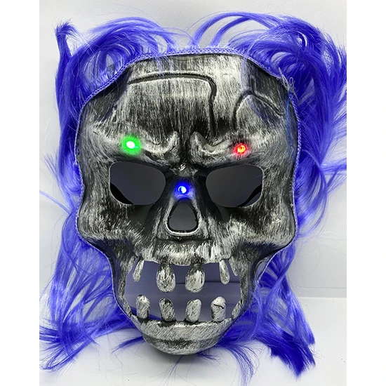 ATHY Parti Aksesuar Mor Saçlı LED Işıklı Kuru Kafa  Korku Maskesi 22X25 cm