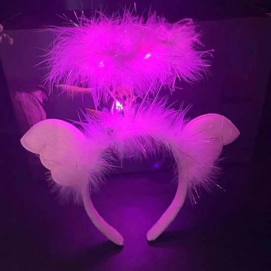 ATHY Pembe Kanatlı Pembe Tüylü LED Işıklı 3 Fonksiyonlu Melek Hare Taç 20X25 cm