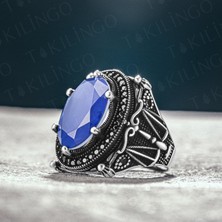 Takılingo 925 Ayar Gümüş Adalet Terazi Motifli Paraiba Taşlı Erkek Yüzük
