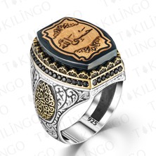 Takılingo 925 Ayar Gümüş Hasbi Allah Yazılı Kehribar Taşlı Erkek Yüzük