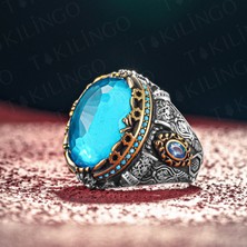Takılingo 925 Ayar Gümüş Oval Akuamarin Taşlı Usta Işi Erkek Yüzük