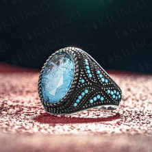 Takılingo 925 Ayar Gümüş Paraiba Taşlı Turkuaz Detaylı Erkek Yüzük