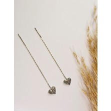 Keskin Gümüş 925 Ayar Gümüş Rodyumlu Zirkon Taşlı Kalp  Sallantılı Model Trend Zincir Küpe Öğretmenler Günü Hediye