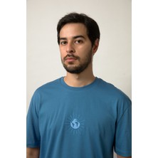 Planet X Wear Relaxed Fit Nakışlı Pamuk Mavi Tişört