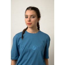 Planet X Wear Relaxed Fit Nakışlı Pamuk Mavi Tişört