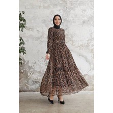 Neşeli Butik Kadın Leopar Desenli Ithal Kumaş Tesettür Şifon Elbise SMS028