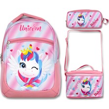 Famebag Famebag-Ümit Çanta Pembe Sevimli Unicorn Okul Çantası Beslenme ve Kalem Çantası Seti