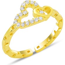 Söğütlü Silver Gümüş Altın Yaldızlı Zirkon Taşlı Alttan Ayarlanabilir Birbirine Bağlı Kalpler Yüzük SGTL12236GOLD