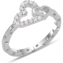 Söğütlü Silver Gümüş Rodyumlu Zirkon Taşlı Alttan Ayarlanabilir Birbirine Bağlı Kalpler Yüzük SGTL12236RODAJ