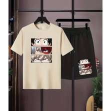 Kids Face Özel Tasarım Japon Anime Baskılı %100 Pamuk Oversize  Erkek Çocuk T-Shırt Şort Takımı
