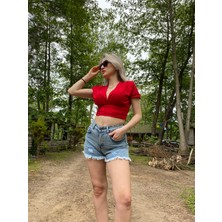 Meissa Fashion Yarım Kolu Göğüs Dekolteli Crop