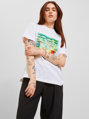 Jjxx Sıfır Yaka Regular Fit Baskılı Beyaz Kadın T-Shirt 12241326