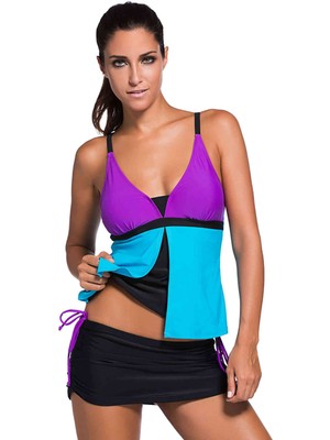 Alışveriş Express Renkli Etekli Tasarım Tankini Bikini Takımı