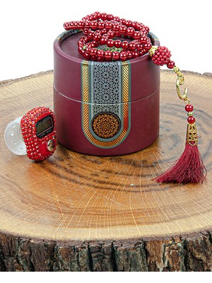 İhvan Online Silindir Kutulu Inci Tesbihli Taşlı Zikirmatikli Mevlüt Hediyelik Seti Bordo