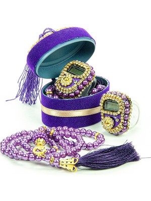 İhvan Online Kadife Kutulu Zikirmatik ve Inci Tesbihli Mevlüt Hediye Mor