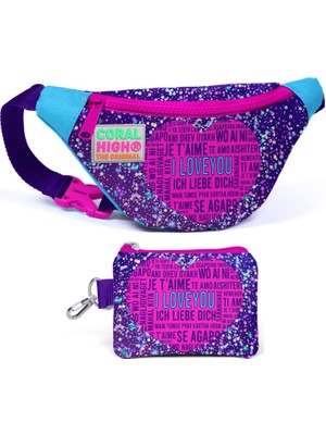 Coral High Mor Mavi Kalp Bel Çantası ve Bozuk Para Çantası Seti - Kız Çocuk