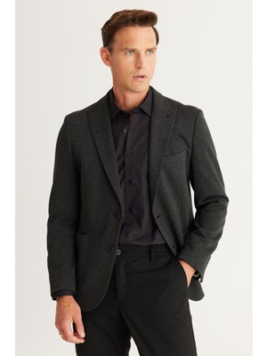 ALTINYILDIZ CLASSICS Erkek Siyah-Antrasit Slim Fit Dar Kesim Kırlangıç Yaka Desenli Ceket