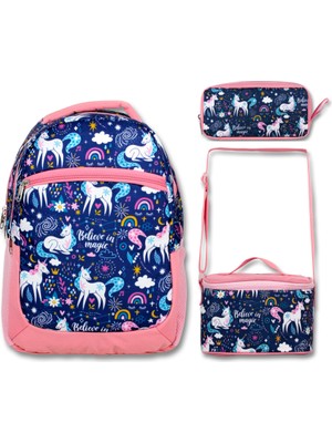 Famebag Famebag-Ümit Çanta Mavi Ünicorn Okul Çantası Beslenme ve Kalem Çantası Seti