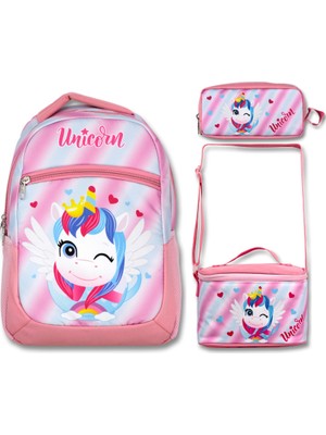Famebag Famebag-Ümit Çanta Pembe Sevimli Unicorn Okul Çantası Beslenme ve Kalem Çantası Seti