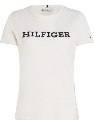 Tommy Hilfiger Bisiklet Yaka Baskılı Bej Kadın T-Shirt WW0WW40057AC0
