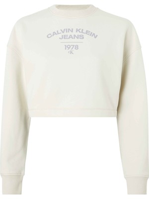 Calvin Klein Jeans Bisiklet Yaka Baskılı Bej Kadın Sweatshırt J20J221334