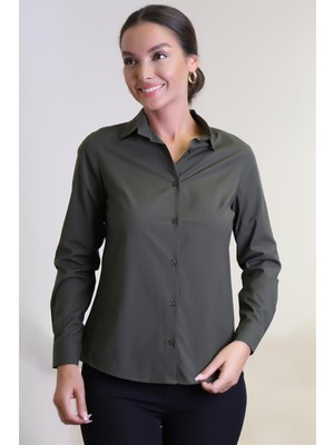 Sweetness Kadın Haki Yeşil Likralı Uzun Kol Pamuklu Klasik Gömlek