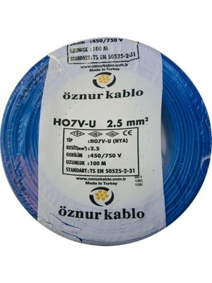 Öznur 2,5 Nya Kablo  Bakır Mavi Renk 100 M 2,5 Nya Mavi 2,5 mm Nya Öznur