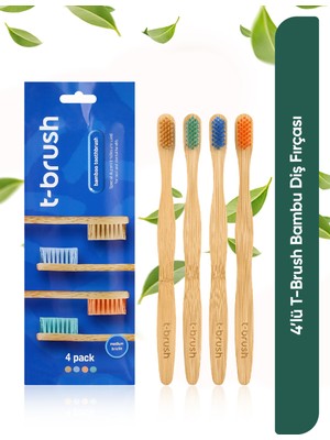 T-Brush Doğal Bambu Vegan Diş Fırçası - 4 Adet- Orta Sert - Plastiksiz