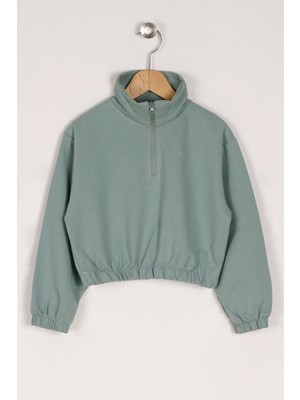 Zepkids Kız Çocuk Çağla Yeşil Renkli Yarım Balıkçı Yaka Fermuar Detaylı Sweatshirt
