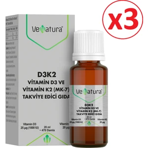 D3K2 Vitamin D3 Ve Vitamin K2 Damla Takviye Edici Gıda 20 ml (3 Adet)