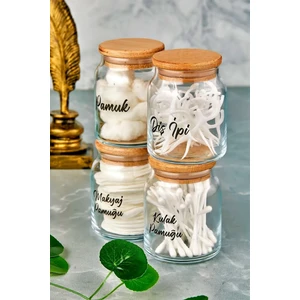 Fbz Home 4'lü Ahşap Kapaklı Etiketli Diş Ipi & Kulak Pamuğu & Makyaj Pamuğu & Pamukluk 300 ml