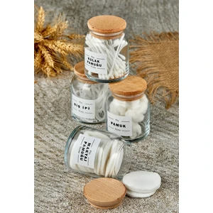 Fbz Home 4'lü Ahşap Kapaklı Makyaj Pamuğu & Pamuk & Kulak Pamuğu & Diş Ipi Organizeri 300 ml Pamukluk