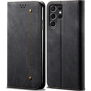 Samsung Galaxy S22 Ultra 5g Için Kot Deri Flip Cüzdan Standlı Telefon Kılıfı - Siyah (Yurt Dışından)