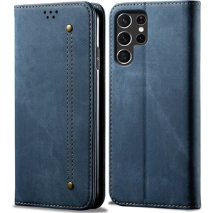 Samsung Galaxy S22 Ultra 5g Için Kot Deri Flip Cüzdan Standlı Telefon Kılıfı - Mavi (Yurt Dışından)