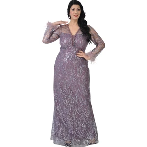 Lilas Xxl Büyük Beden Griter Baskı Lavanta Renkli Abiye Elbise