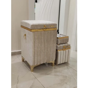 Heskar Home 3 Parça Kare Açık Kahverengi Altın Şeritli Modern Kadife Banyo Kirli Sepeti