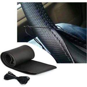 NKT GROUP Kaliteli Direksiyon Kılıfı Deri Sarmal Dikmeli Direksiyon A+Kalite Noktalı Siyah Siyah