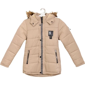 5 Armalı Kürklü Kapüşonlu Cepli Fermuarlı Erkek Çocuk Bej Şişme Mont