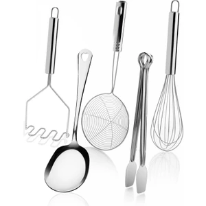5 Parça Çelik Metal Mutfak Servis Seti Takımı (Kaşık, Çırpıcı, Maşa, Patates Ezici, Kızartma Kevgir)